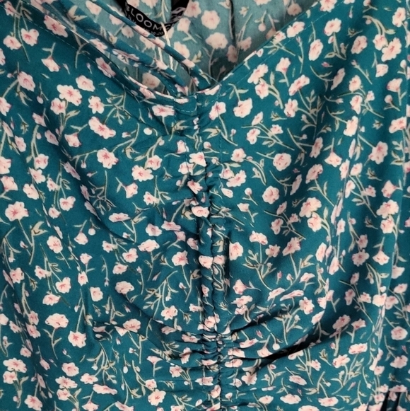 Ditsy Floral Drawstring Ruched Pocket Ruffle Tiered Teal Dress - Picture 4 of 10